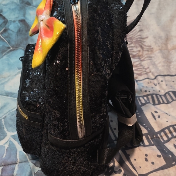 Loungefly Black Sequin Backpack with Yellow and Orange Bow - Picture 3 of 7